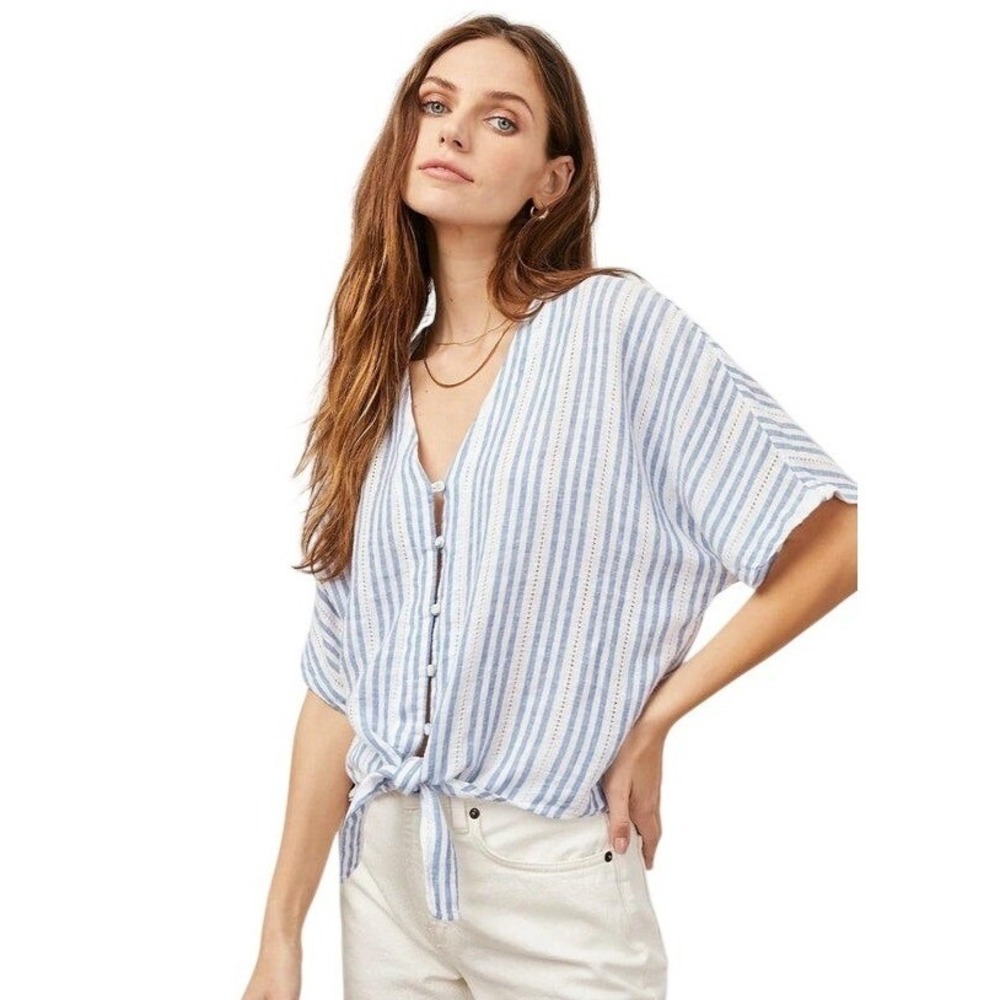 Rails Thea Blue Catalina Striped Tie Front Button Up Top V-Neck Sz M